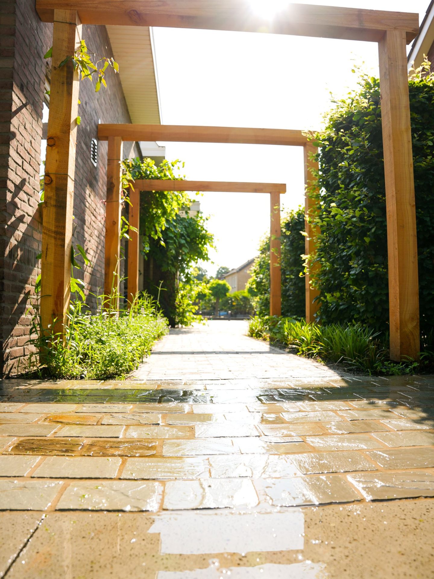 Pergola pad met natuursteen bestrating